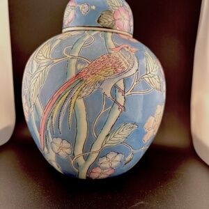 Vintage WBI Chinese Lidded Hand Painted Blue Multicolor Bird & Floral Ginger Jar
